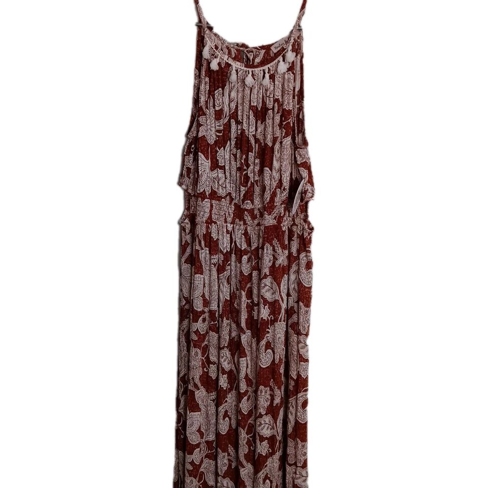 Harlow & Rose Womens Maxi Dress Boho Floral Print Tassel Neckline Rust White SzL